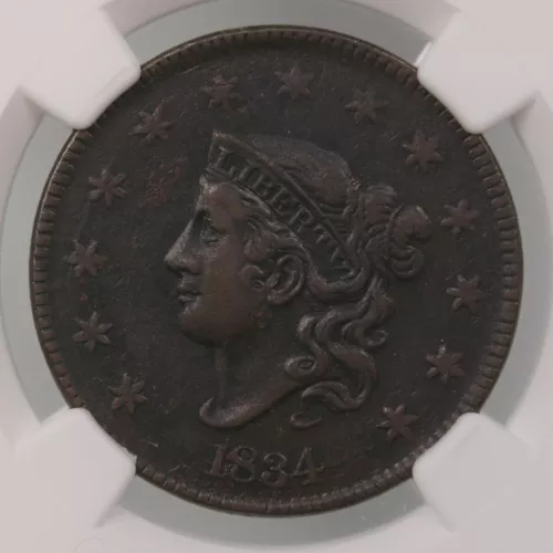1834 Braided Hair 1C Large 8 , Large Stars , Medium Letters N-5 NGC XF Details