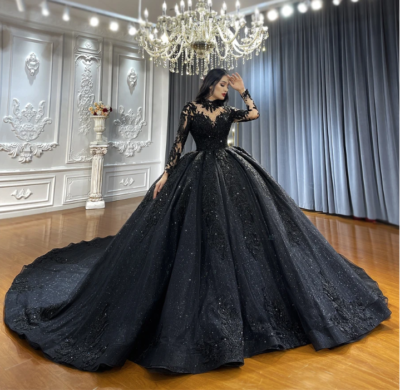 chinese dress ladies Luxury Black Short Muslim Evening Dress Long Sleeve SS212, Black / 10 main image 1