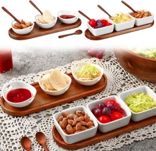 2 Sets Ceramic Chip and Dip Serving with Acacia Wood Tray and Spoons Serving Dis