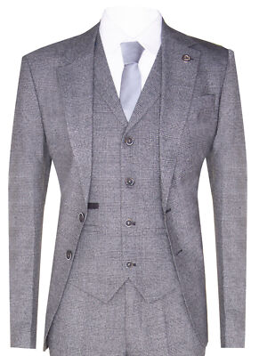 Grauer 3-teiliger Herrenanzug Prince of Wales Karo Classic Tailored Fit Hochzeitsanzug