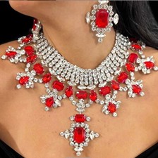 Women Necklace Earrings Rhinestone Red squares Tassel Body Chain 2pcs set 24991