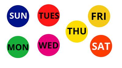 DAYS OF THE WEEK Labels | 1'' Round | 7 Roll Combo Pack | 500 EA RL - 1 Roll/Day
