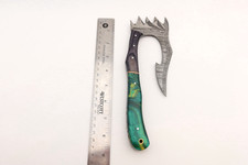 Hand Forged Damascus Steel Axe Wood Handle, Intricate Design Leather Sheath