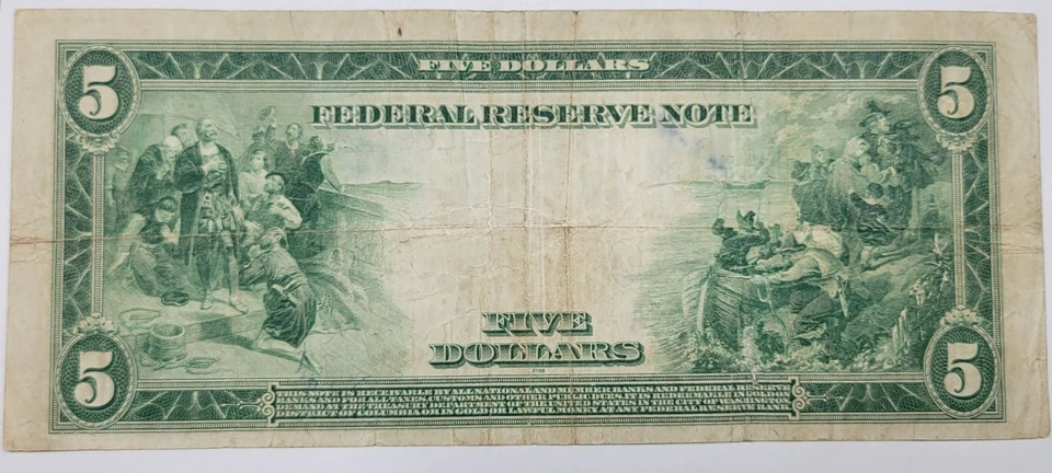 1914 $5 Federal Reserve Note FRN Circulated w/ Minor Writing See Pics *M54 - Image 2 of 2