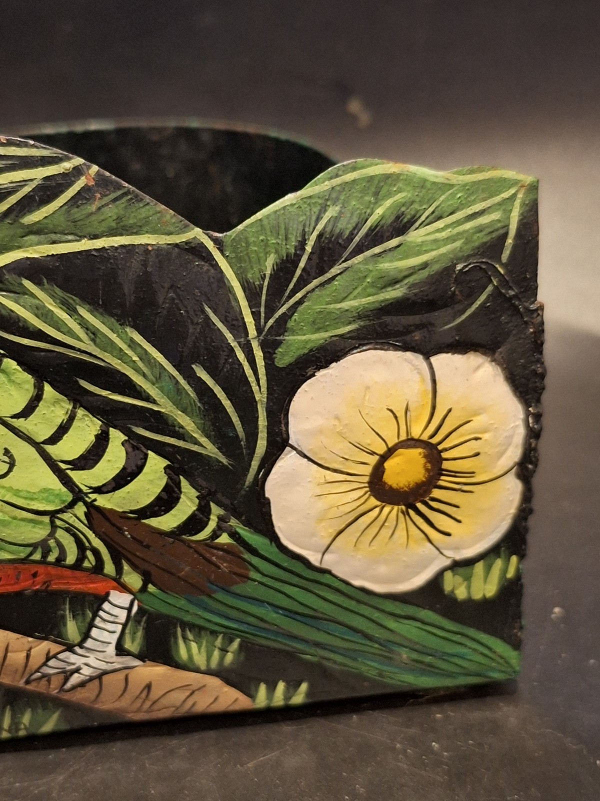 Vintage Boho Metal Hand Painted Parakeet Wall Hanging Pocket Planter