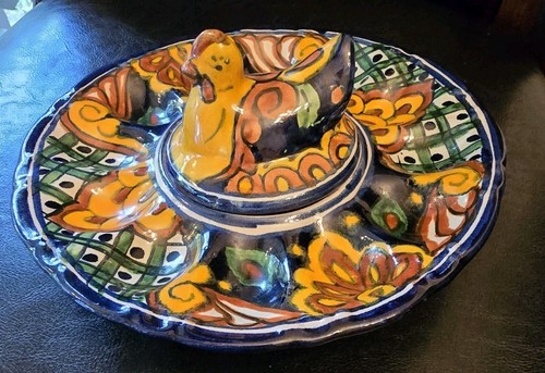 VTG Mexican Talavera Pottery Traditional Folk Art Deviled Egg Plate Chicken Lid - Picture 2 of 7