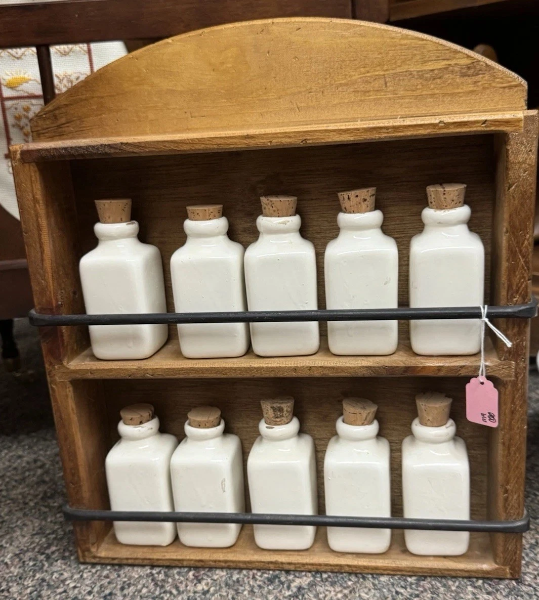 Vintage Wooden Spice Rack 10 Ceramic Apothecary Jars Cork Stoppers Wall Shelf