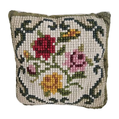 VTG Throw Pillow Cross Stitch Rose Needlepoint Velvet Back 15 x 15 x 5'' MCM 70's