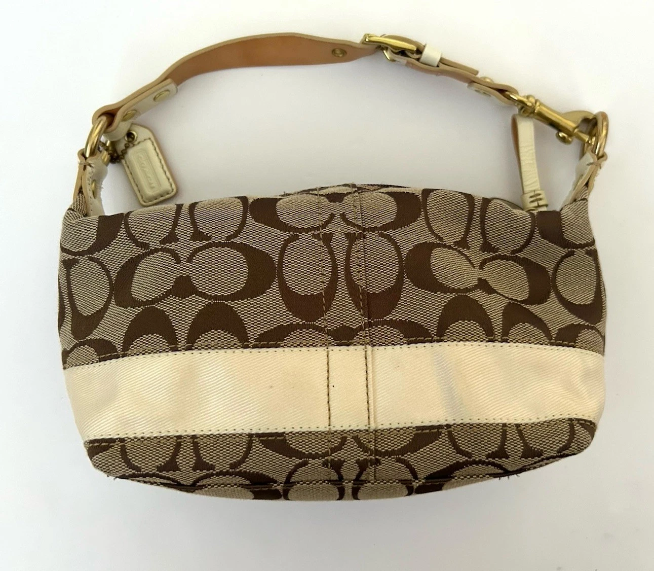 Mini borsa vintage Y2K Coach firmata tela avorio bordo pelle Sufflette 40024