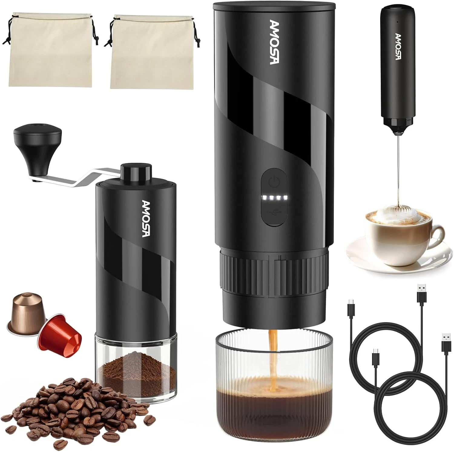 Portable Espresso Maker & Grinder Set for Travel & Home Brewing