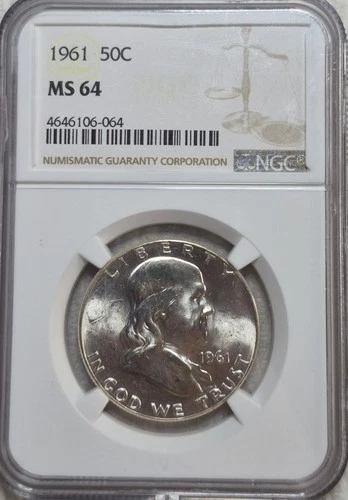 1961 P Benjamin Franklin Silver Half Dollar. NGC MS64. A0921.