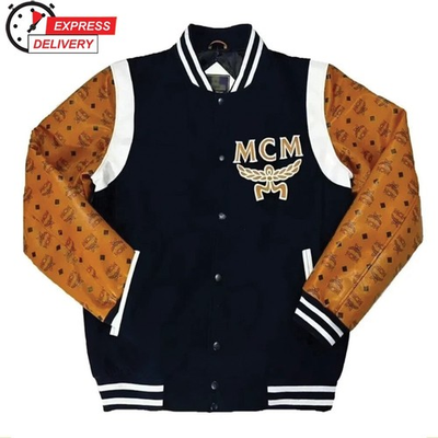 #ad Mens MCM Cognac Monogram Sleeves Wool amp; Genuine Cowhide Leather Letterman Jacket $185.00