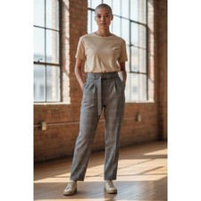 Womens plaid wide leg pants high waist pleated belt retro vintage office medium