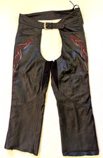 Women&rsquo;s Harley Davidson Black Leather Chaps ~ XL Red Flame Embroidered .