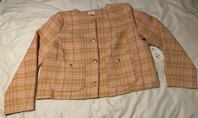 Time & Tru Yellow Orange Plaid Tweed Ladylike Jacket Women s Size XL NWT