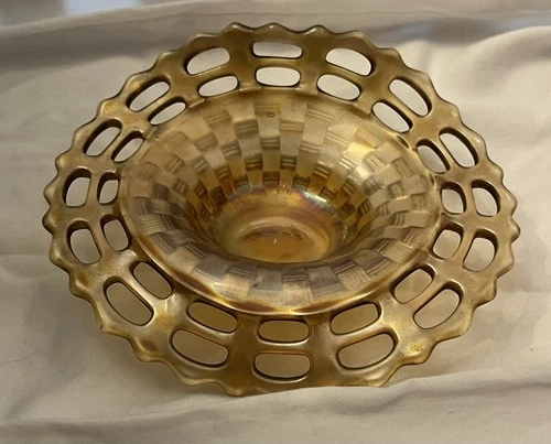 Vintage Fenton Marigold Carnival Glass Jack in the Pulpit Basketweave Bowl