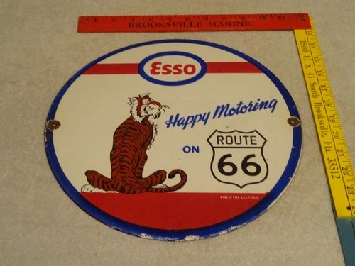 VINTAGE 1964 HAPPY MOTORING ESSO TIGER IN YOUR GAS TANK ROUTE 66 PORCELAIN SIGN