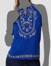 I.N.C International Concepts Women's Blue Embroidered Keyhole Top Size S