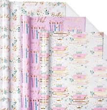 Birthday Wrapping Paper Roll - Mini Roll - Cake/Flower/Candle Print for Girl, Wo