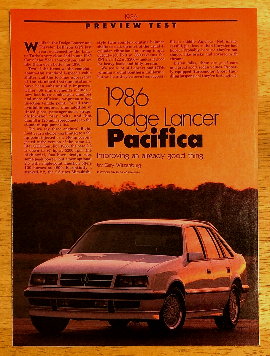1986 DODGE LANCER PACIFICA—ORIGINAL ROAD TEST & TECHNICAL DATA