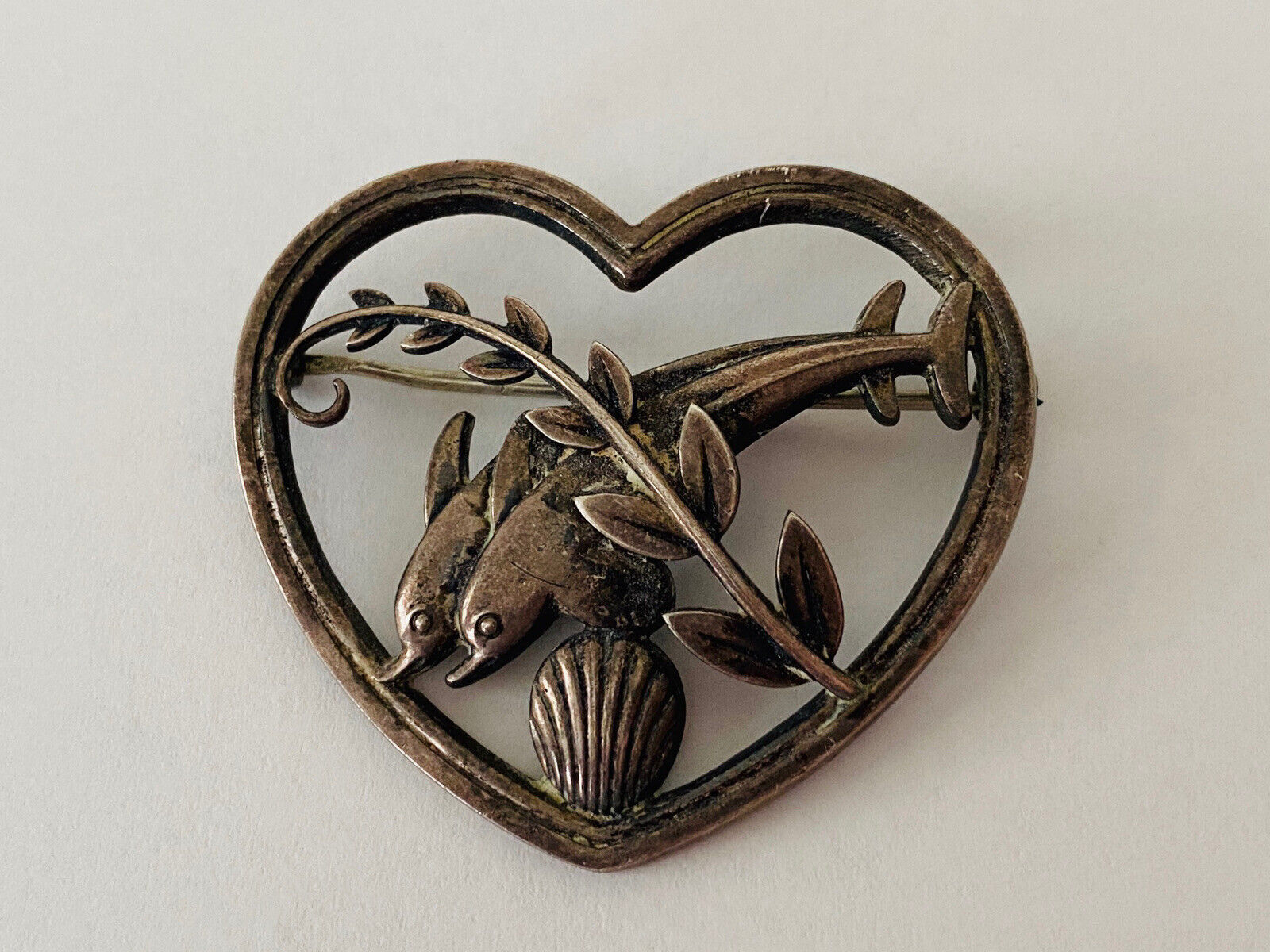 Vintage Georg Jensen Sterling Silver Double Dolphin Heart Brooch #312  Denmark