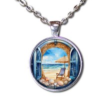 Summer Beach Ocean Viewpoint - Handmade ROUND Glass Pendant Necklace