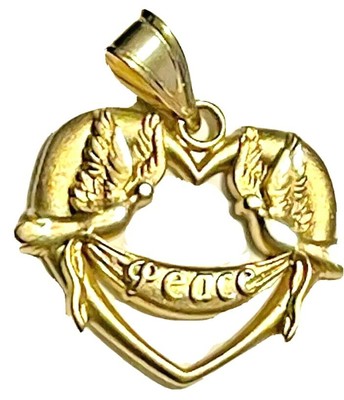 14k Yellow Gold Diamond-Cut Doves with Heart & Peace Charm Pendant 