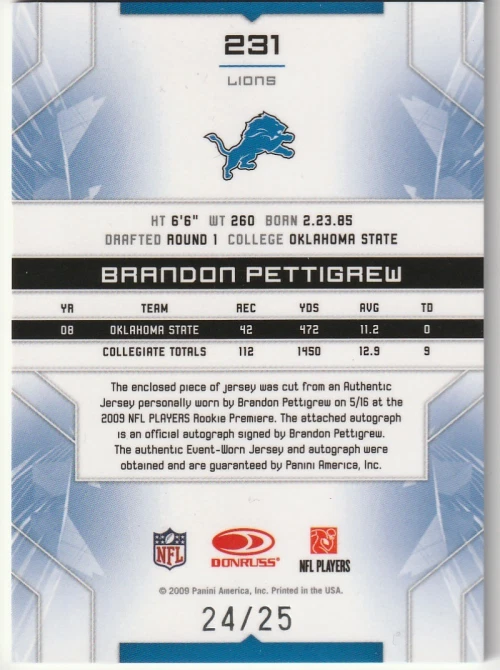 2009 Limited Silver Spotlight #231 Brandon Pettigrew Auto Jersey /25 Lions Patch - Image 2 of 2