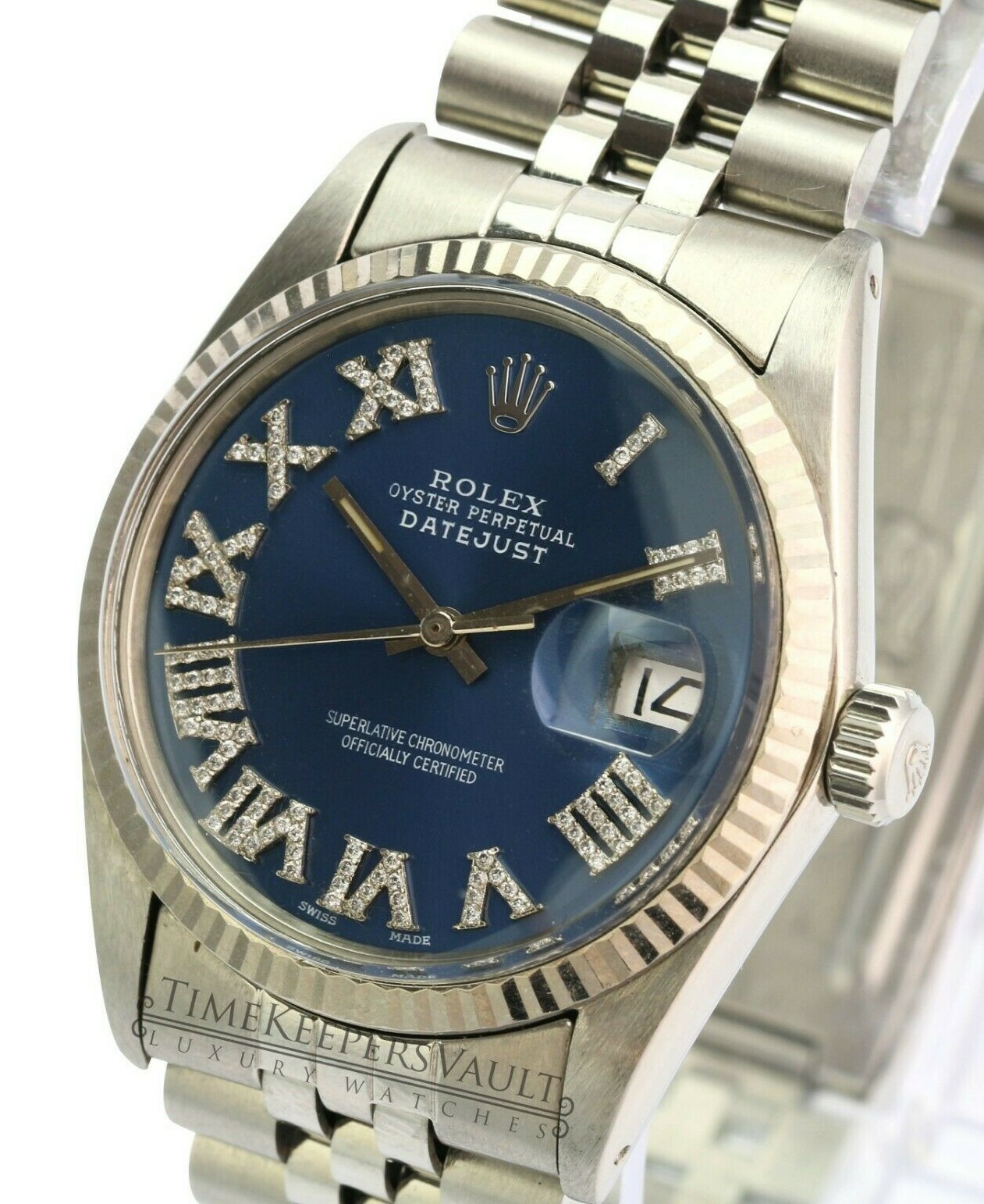 Rolex Mens Datejust 16014 SS Blue Roman Diamond Dial Fluted Bezel 36mm Watch | eBay