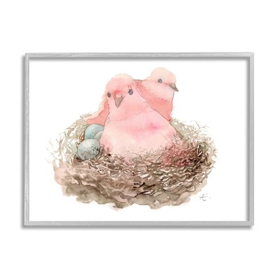 Pink Birds Nesting with Soft Blue Eggs, Designed by Verbrugge Watercolor Gray...