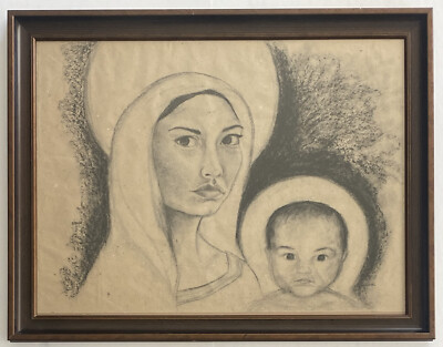 Vintage Mexican Female Artist Self Portrait Mother & Child Modern Study Drawing