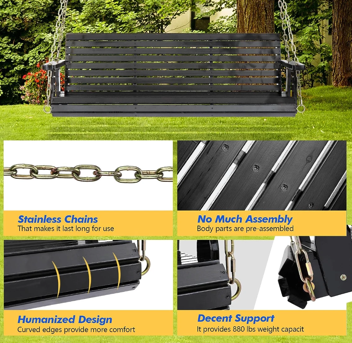 Black wooden porch swing deals