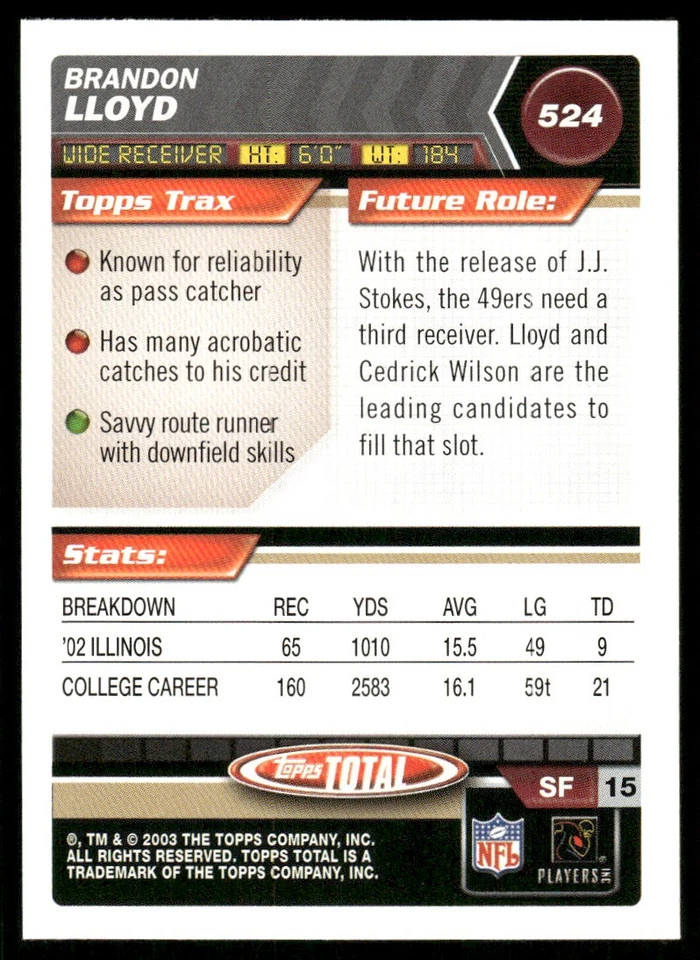 2003 Topps Total Brandon Lloyd RC San Francisco 49ers #524 - Image 2 of 2