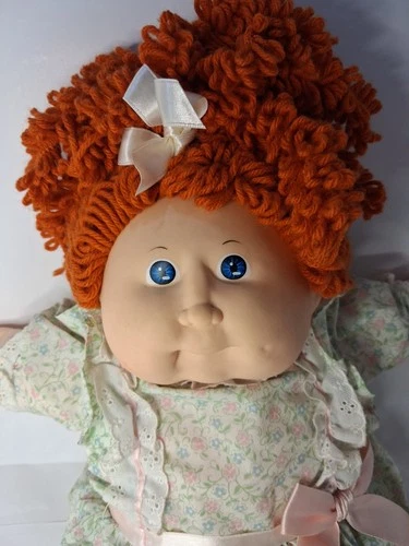 Vintage 1987 Cabbage Patch Kid Doll Coleco KT Factory Red Hair Blue Eyes Dress