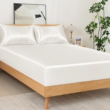 3 Pcs Satin Fitted and Pillowcase Set, King Silky Bottom Bedsheet Fit up to 1...