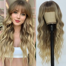 Blonde Wig with Bangs for Women Long Ombre Blonde Wavy Wigs with Dark Root Cu...