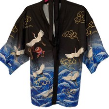 Crane Design Japanese Style Silky Feel Short Kimono Yukata MZC.FS Women One Size