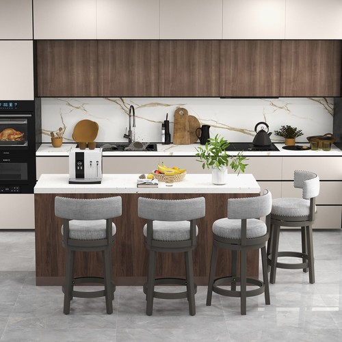 Upholstered Swivel Bar Stool Wooden Counter Height Kitchen Chair w/ Back Grey - Picture 5 of 8