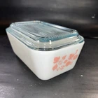 PYREX Pink Gooseberry 0502 1 1/2 PT White Refrigerator Dish With Lid Antique