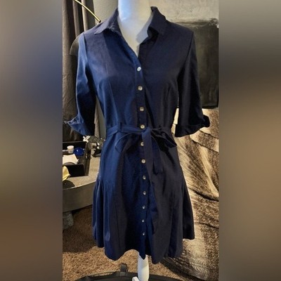 Iris Bloom Navy Button Front Shirt Dress Large Dark Academia Minimalist