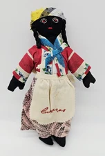 Caribbean Fabric Cloth Doll Curacao Handmade Black Woman Embroidered Face Vintag