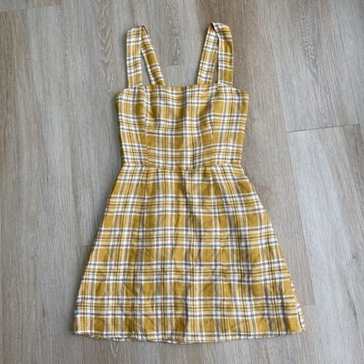 Reformation Brigitte Linen Yellow Plaid Square Neck Smocked Mini Dress Size 2