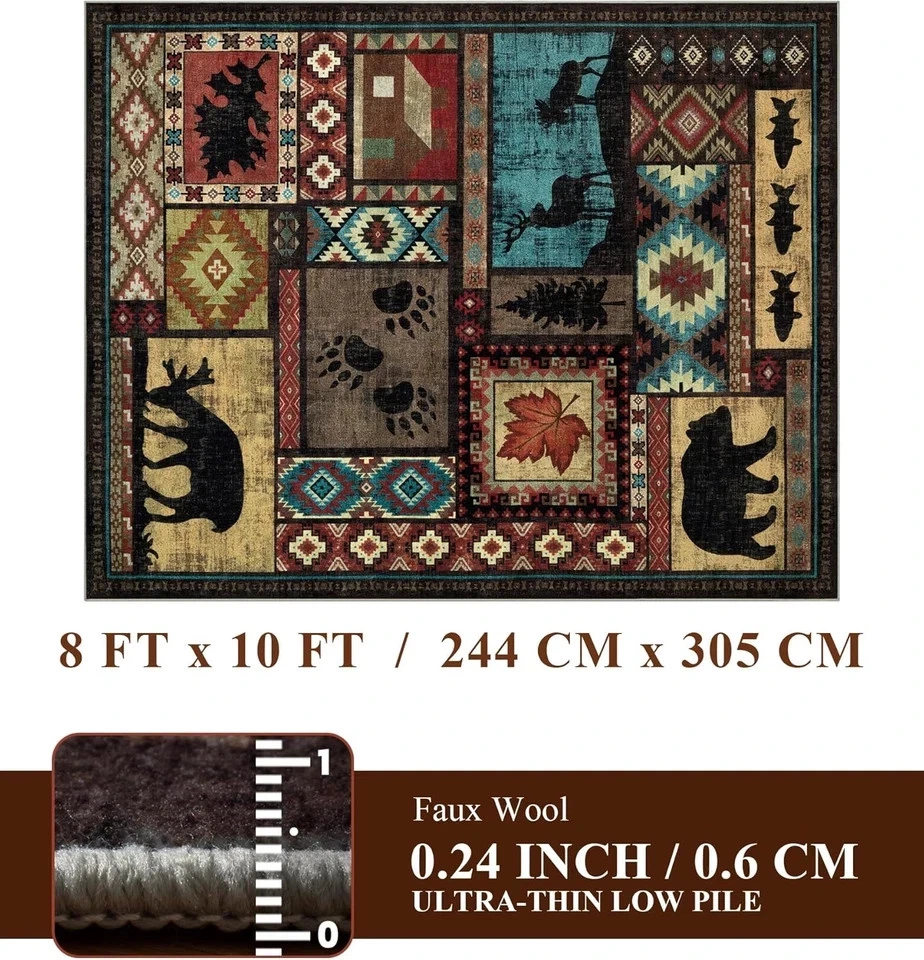 Небольшой ковер деревенской кабины 8X10, машинная стирка домик медведь ковер, нескользящий низкий ворс Pri - Изображение 2 из 4