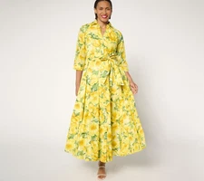 Carla Rockmore Collection Petite Printed 100%Cotton Lawn Shirtdress Yellow Flora