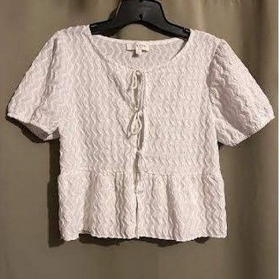 White Texture Peplum Tie Front Top Blouse Short Sleeve Casual