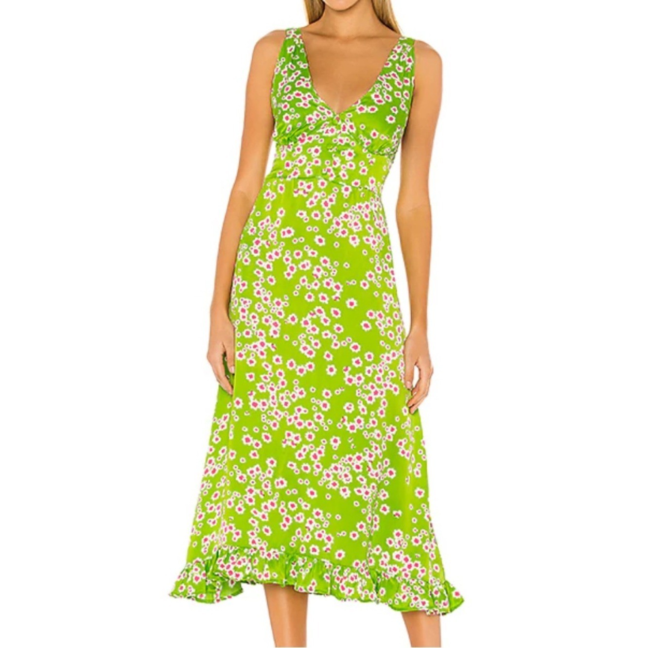 NWT Faithfull The Brand Emili Sun Green Floral Print Satin Midi Slip Dress 4 US