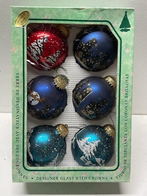Christmas By Krebs Glass Ornaments Lot Of 6. Christmas Trees, Santa, Deers.