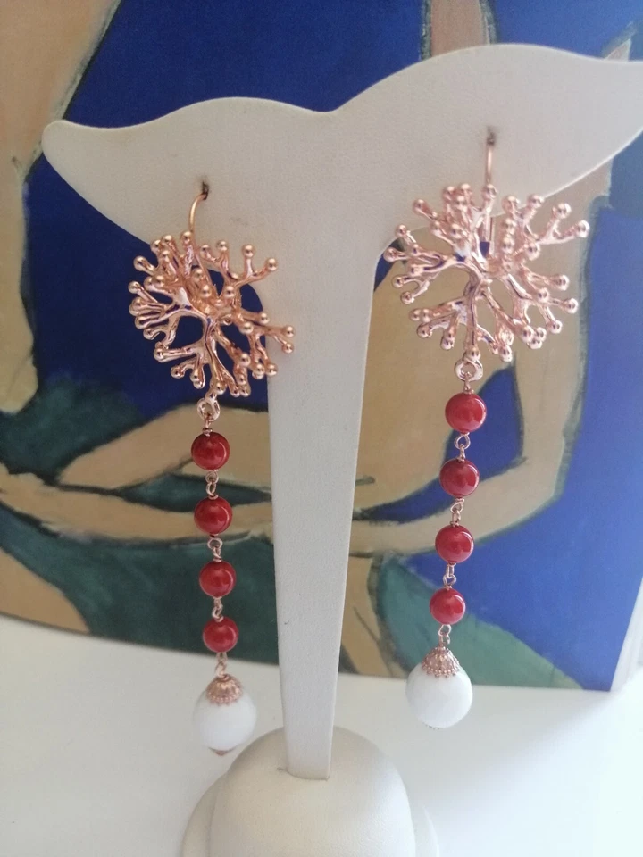 Orecchini Pendenti Donna Argento 925/bron pietre naturali Corallo agata bianca  - Immagine 2 di 4