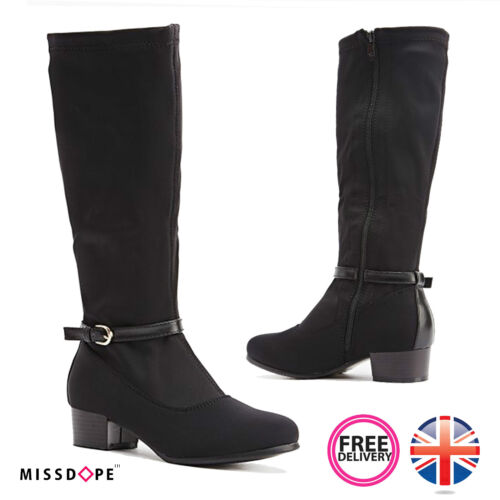 NEW BLACK BUCKLE WOMENS BOOTS FAUX LEATHER KNEE RIDING LADIES MID HEEL 4 5 6 7 8 - Photo 1 sur 7