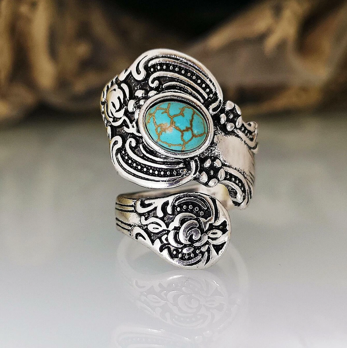 Vintage Turquoise Spoon Rings 925 Silver Flower Open Adjustable